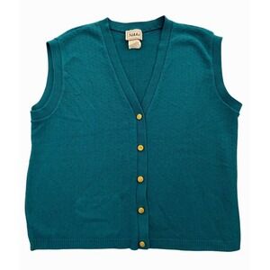 Vintage 80s Nikki Vest Sweater Womens XL Teal Blue Gold Toned Buttons USA